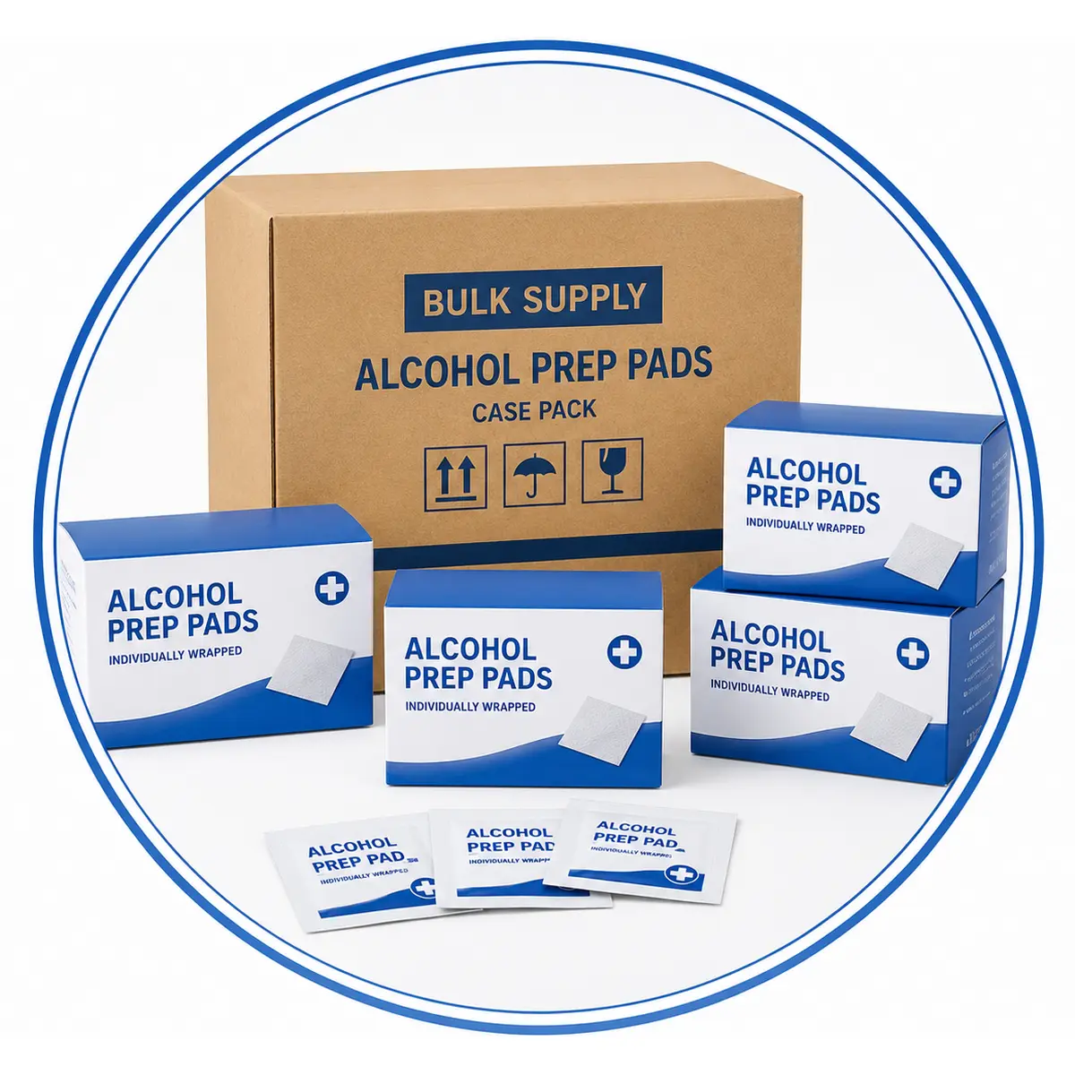 Alcohol prep pad box and case pack options for bulk supply programs