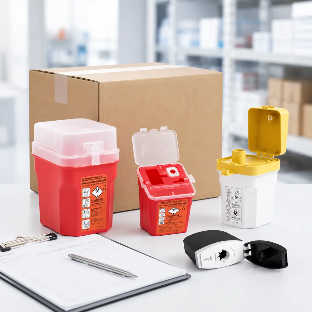Sharps containers and compact disposal cases shown with packaging for pharmacy clinic and distributor supply programs