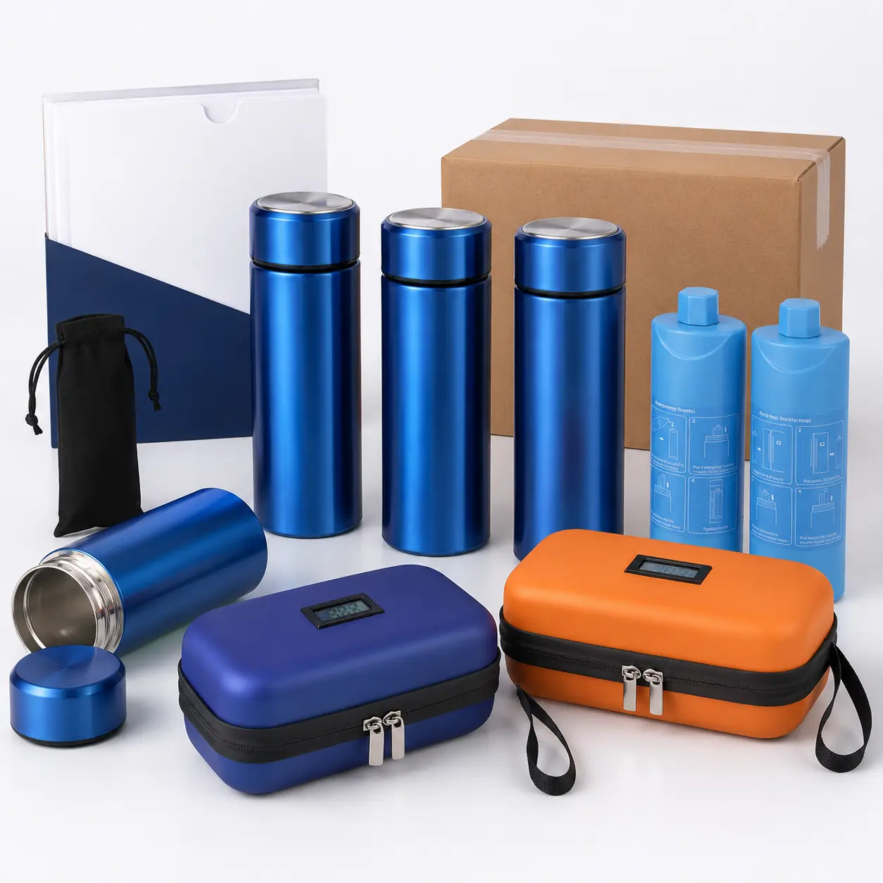 Insulin cooler travel cases and cooling cups shown with packaging for pharmacy and distributor supply programs