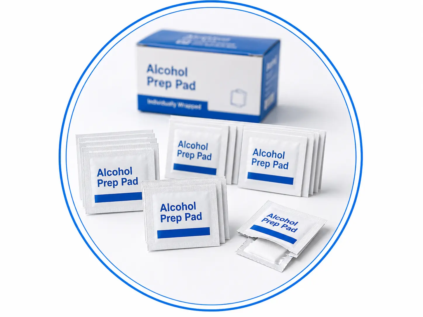 Individually wrapped alcohol prep pad sachets and product box