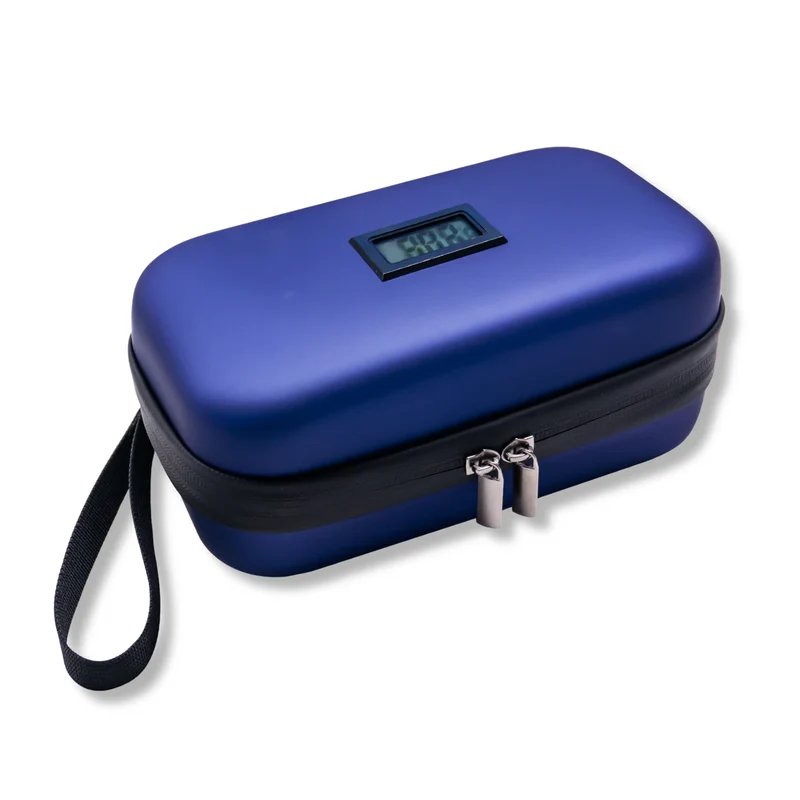 Blue insulin cooler travel case with digital display and carrying strap