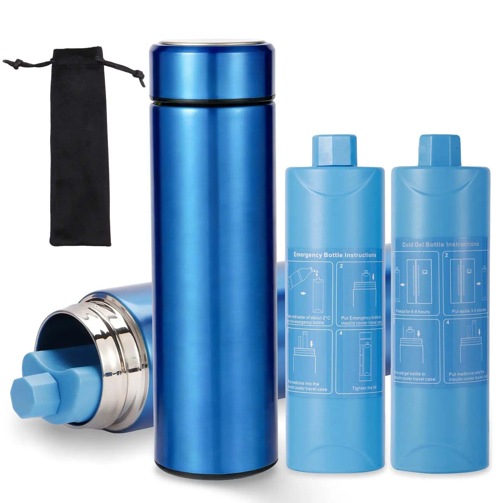 Blue insulin cooling cup with protective sleeve and cooling inserts