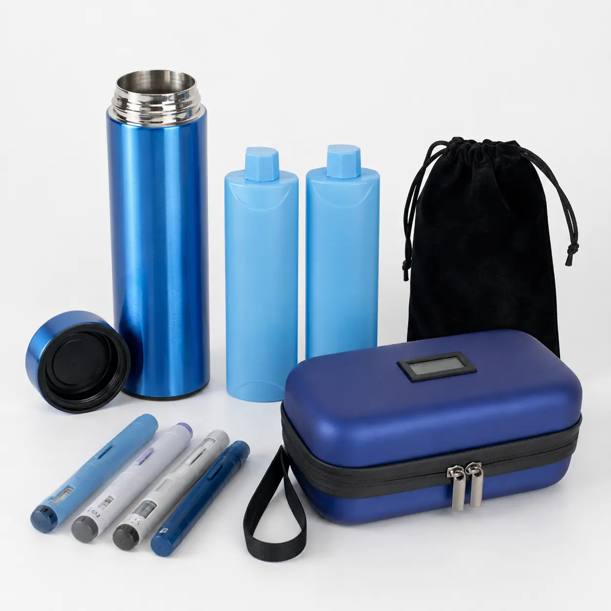 Insulin cooler travel case, cooling cup, cooling inserts and organized diabetes care supplies