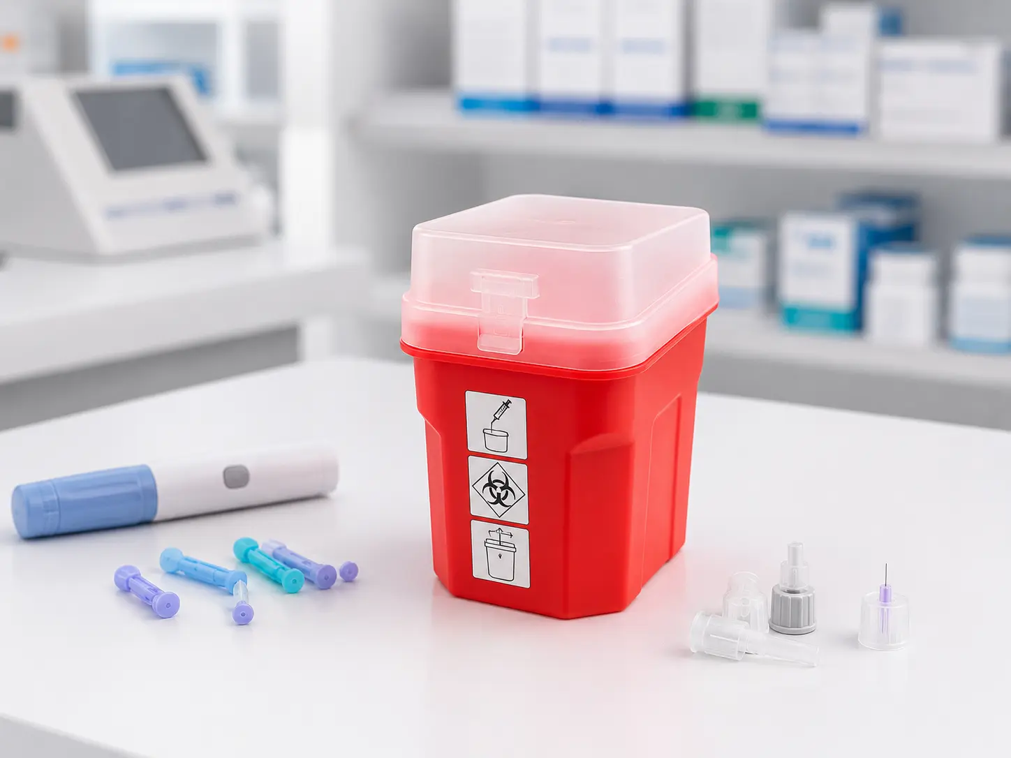 Compact red 0.2L sharps container for used lancets, pen needles and small-volume sharps collection