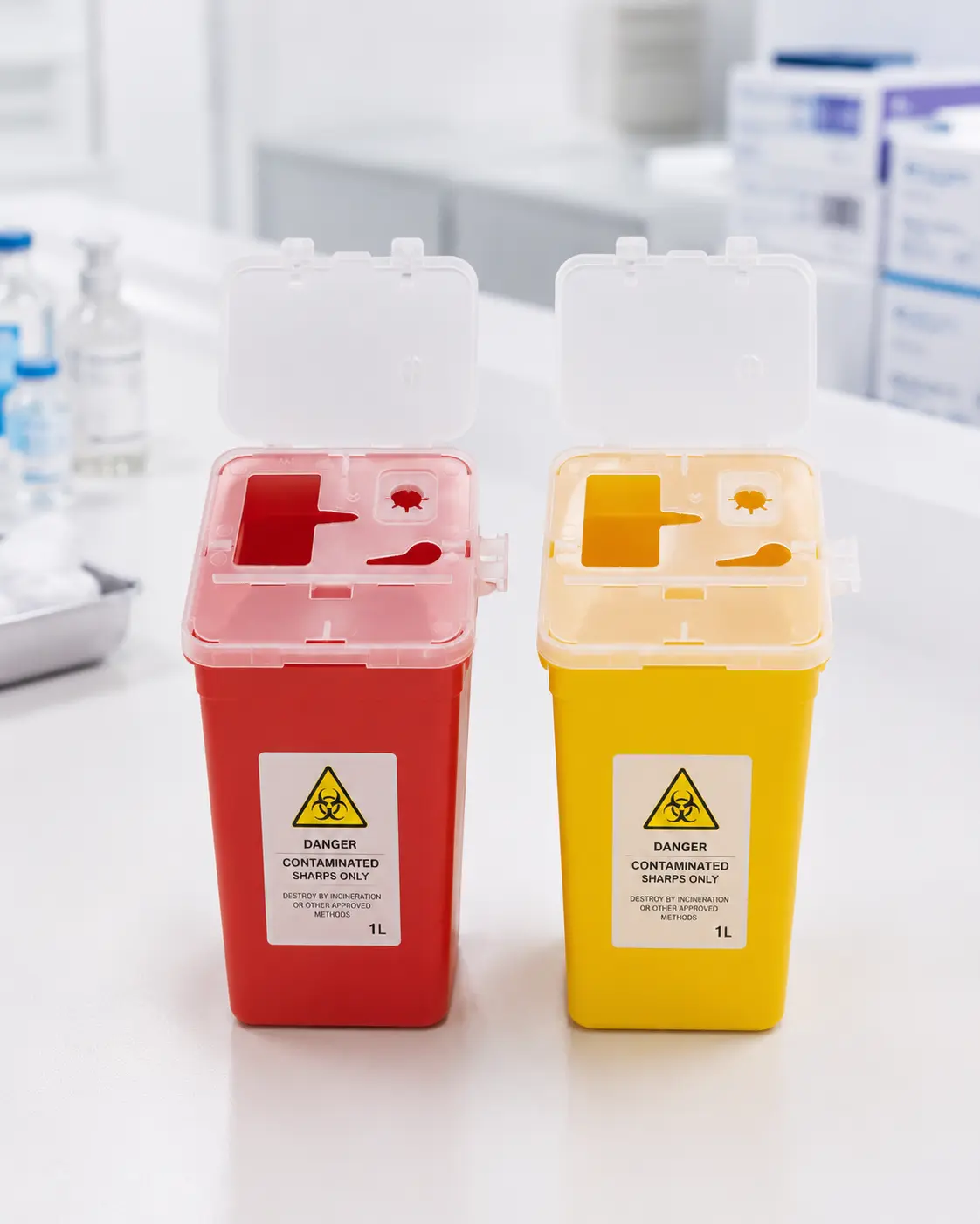 Red and yellow 1L sharps containers with open lids for used lancets, pen needles and insulin syringes