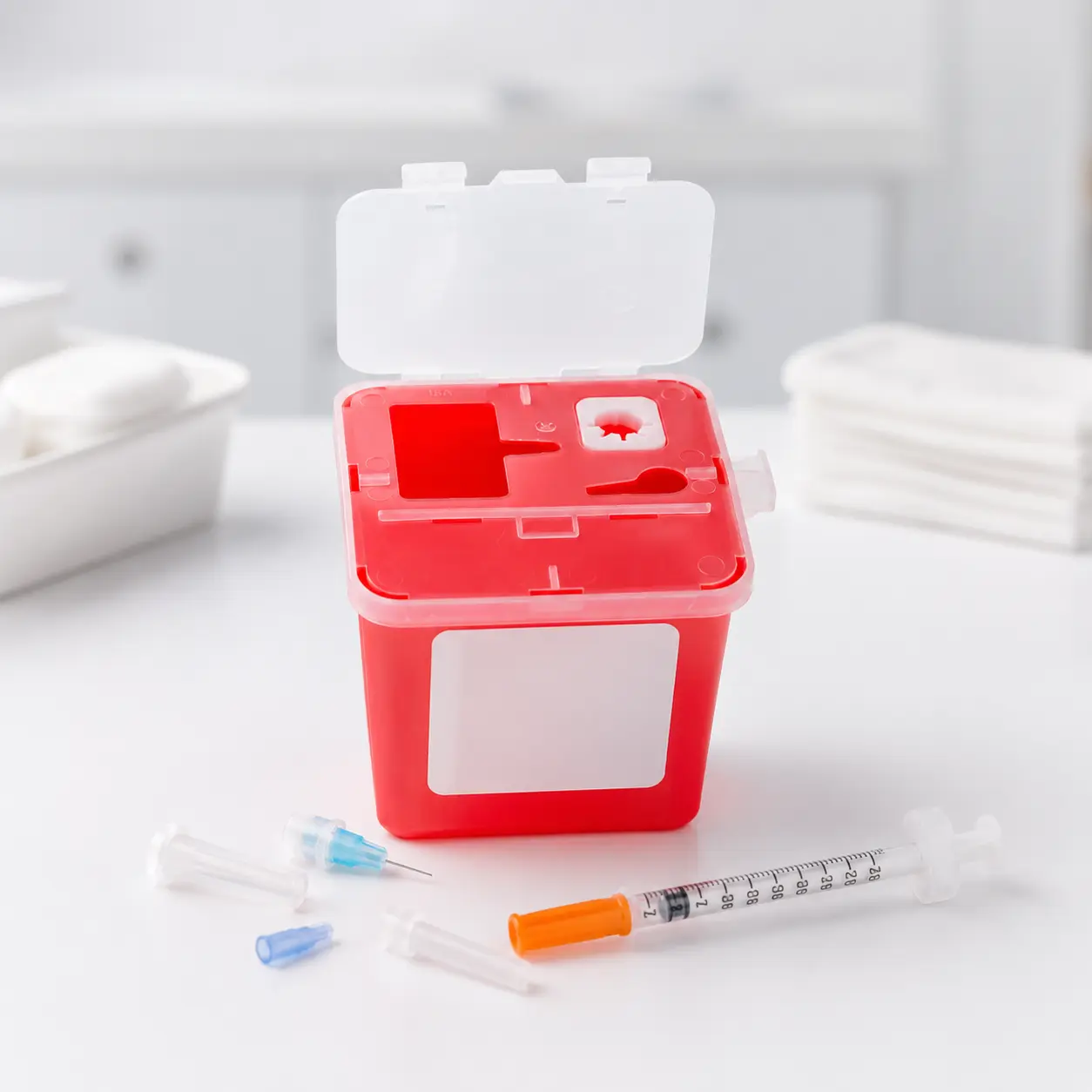 Red sharps container with disposal openings for used lancets, pen needles and insulin syringes