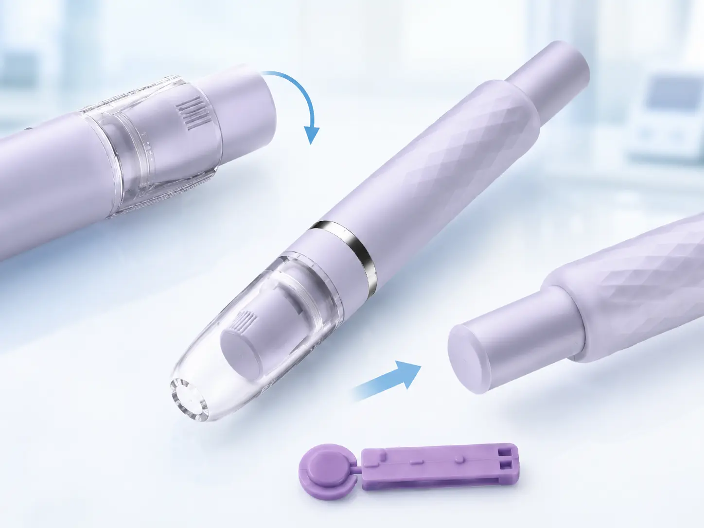 Lancing device loading, activation, cap removal and lancet ejection steps